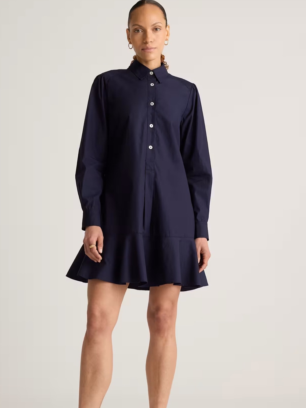Navy Button-Front Ruffle Hem Shirt Dress